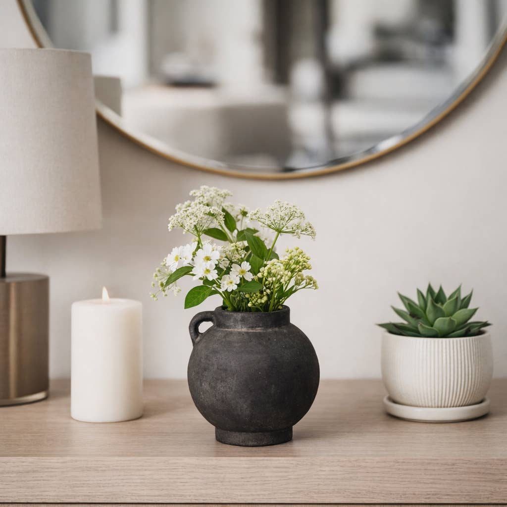 Decorative Vase - Black Ceramic Bulbous with Handle Jug, 7 in.