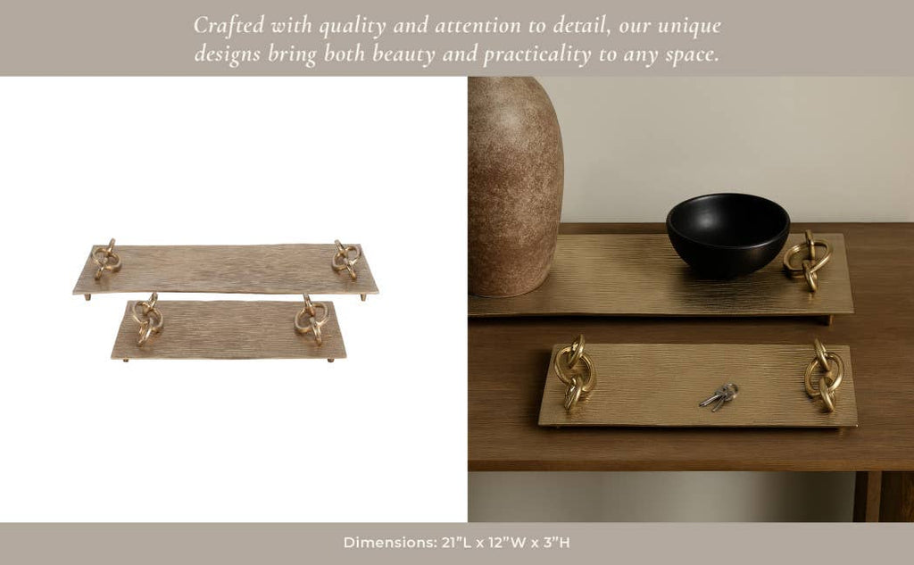 Decorative Gold Metal Link Handled Trays, Two Sizes