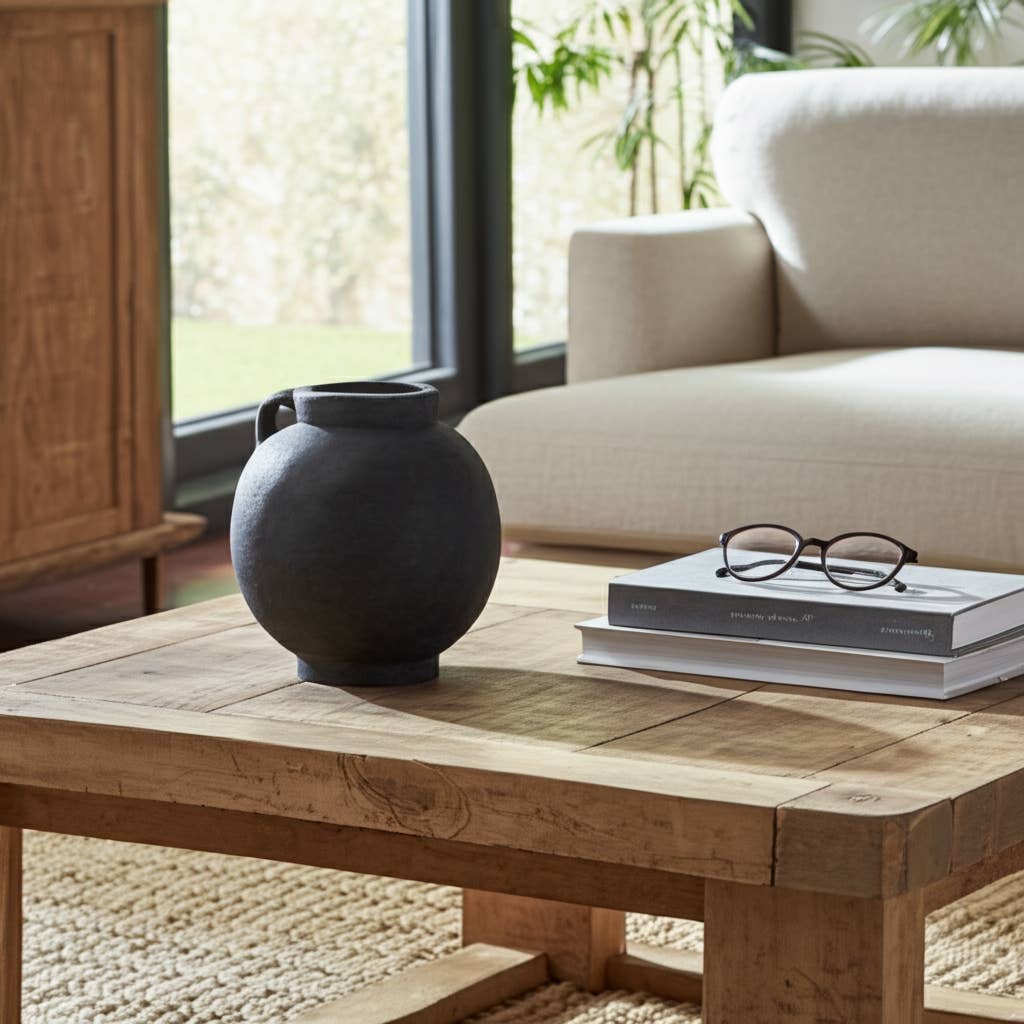 Decorative Vase - Black Ceramic Bulbous with Handle Jug, 7 in.