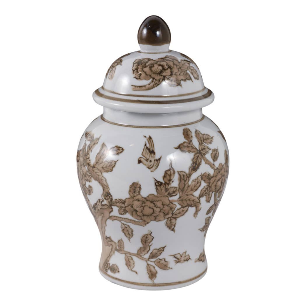 Decorative Vase - Brown & White Ceramic Jar with Lid, 8 in.