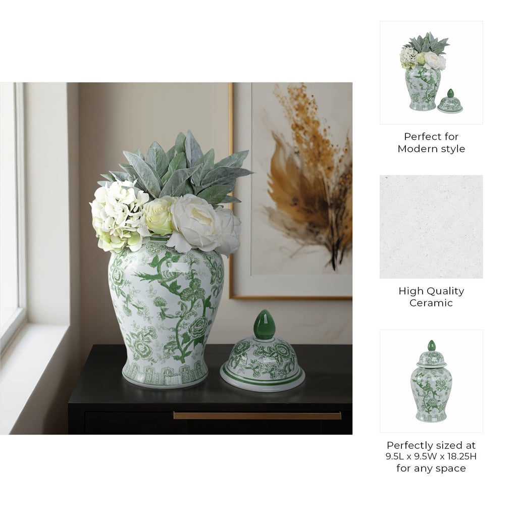 Green Tall Bird and Flower Ceramic Jar, 18 in.
