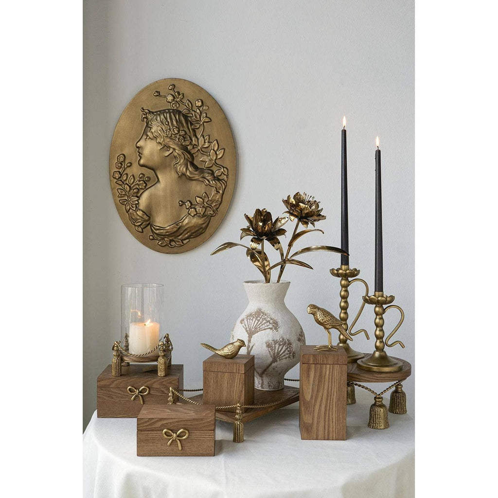 Wooden Tray with Gold Iron Tassel Base