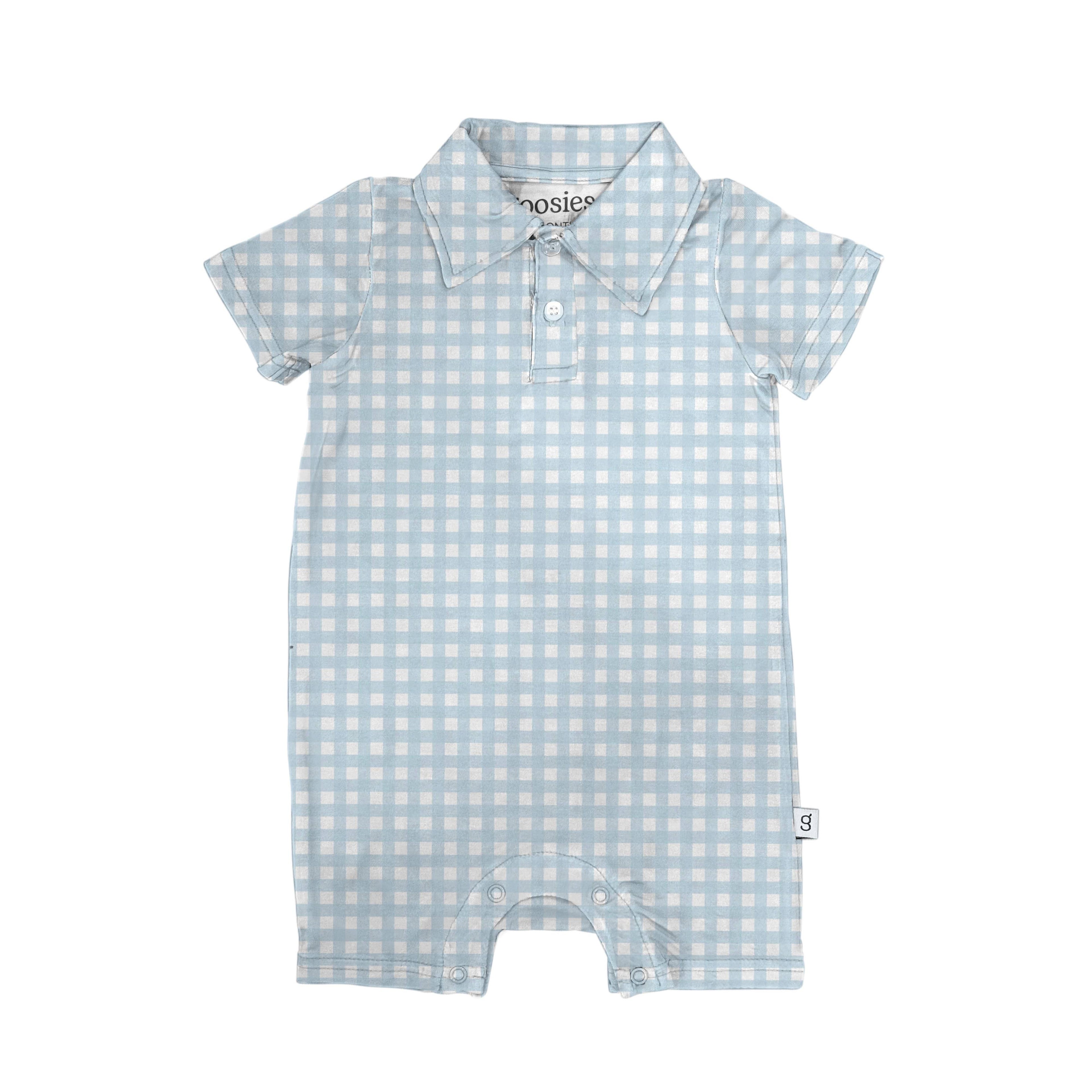 Short Sleeve Polo Romper, Blue Gingham | Baby Shower Kate Rustin