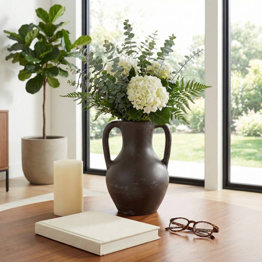Decorative Vase - Brown Ceramic Rustic Jug with Handles, 11 in.