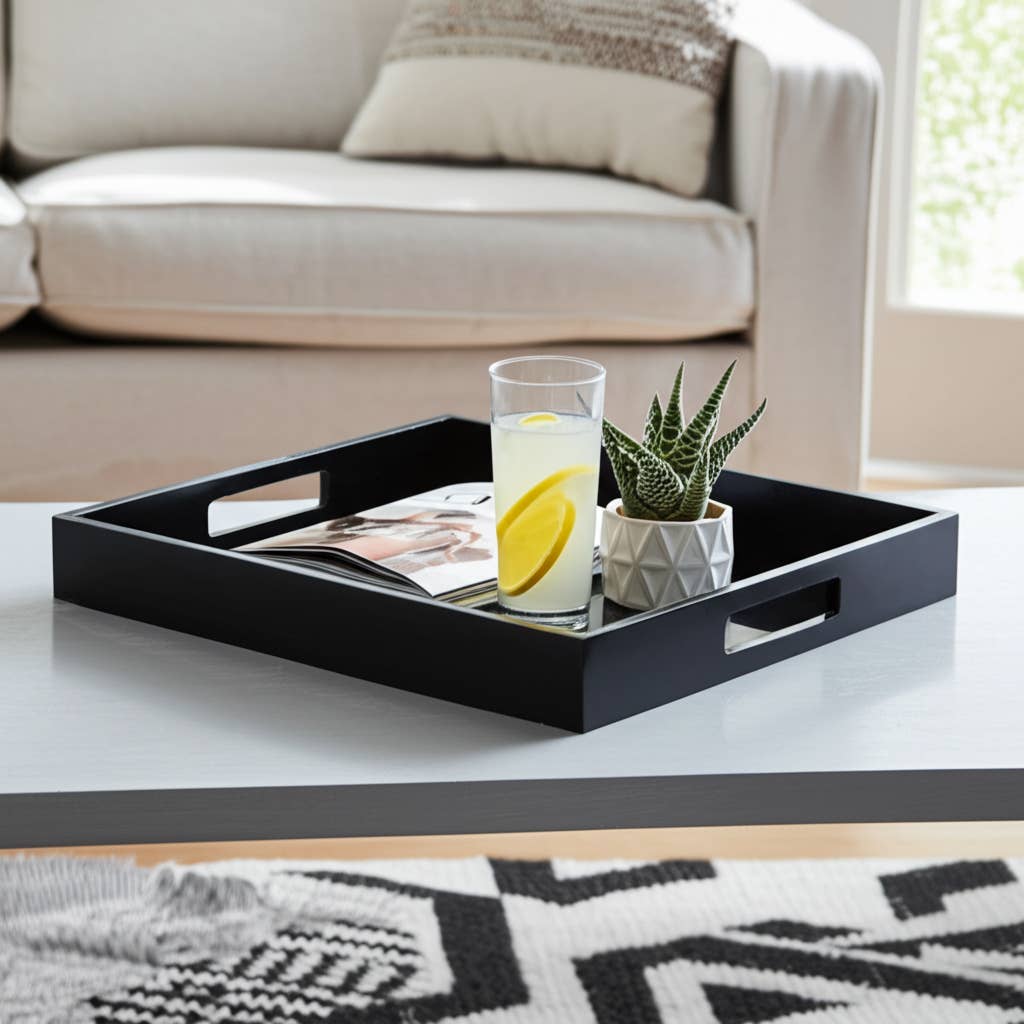 Decorative Tray - Black Wood/Glass Modern Solid, 18 in.