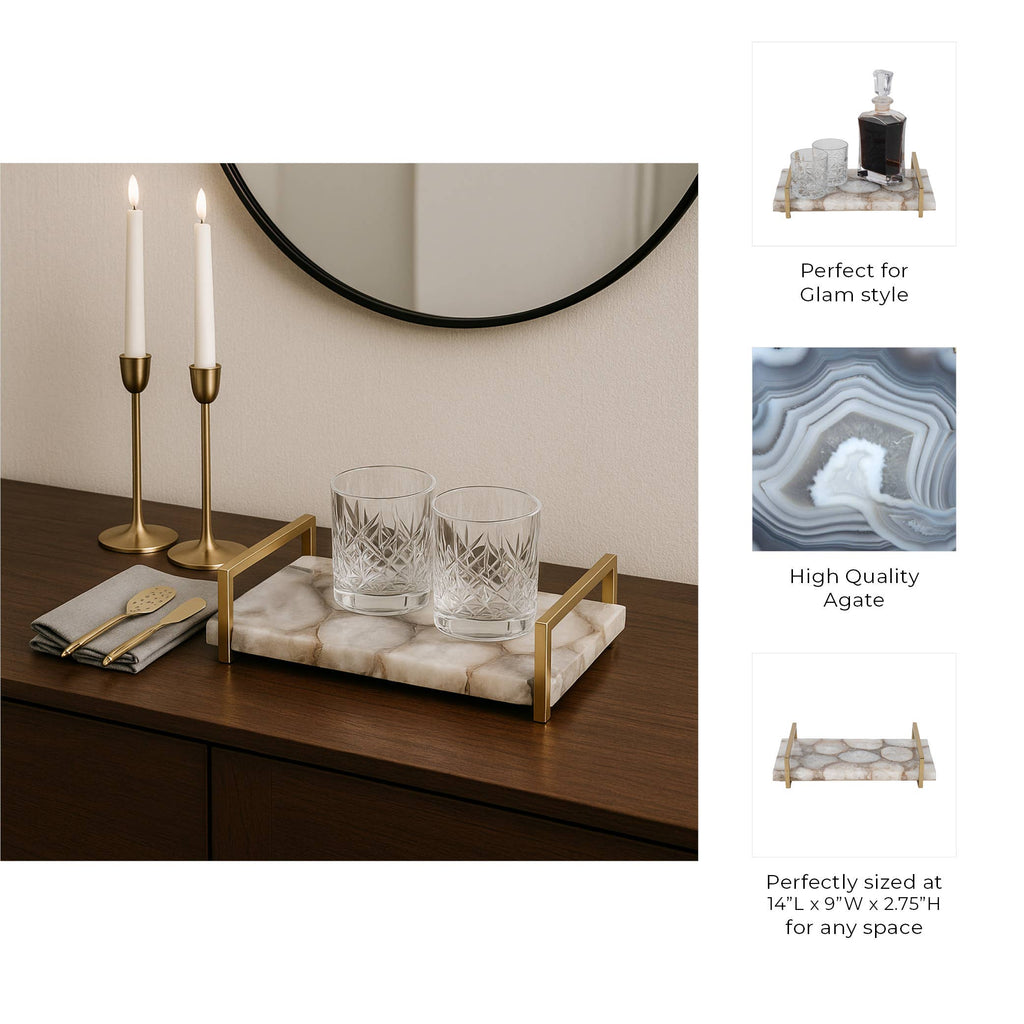 Decorative Tray - Multicolor Agate with Gold Handles, 14 in.