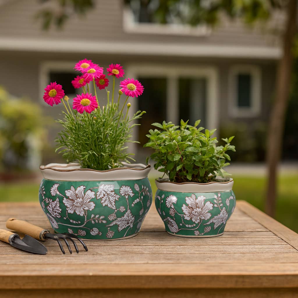Planters Set of 2 - Green Ceramic Floral Vines, 10/12 in.