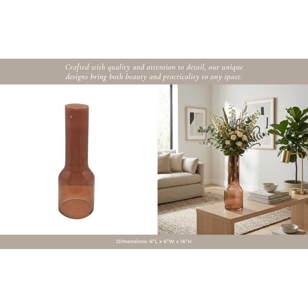 Decorative Vase - Brown Glass Long Neck Sculptural, 16 in.