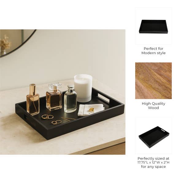 Decorative Tray - Black Wood/Glass Modern Solid, 18 in.
