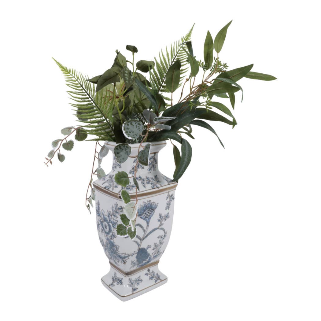 Blue and Brown Floral Chinoiserie Ceramic Vase, 15 in.