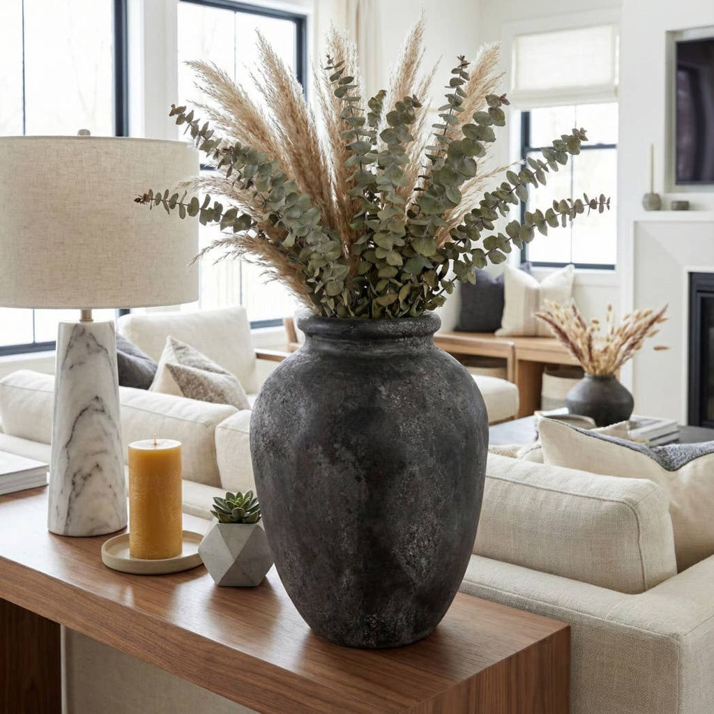 Decorative Vase - Black Ceramic Textured Surface, 12 in.
