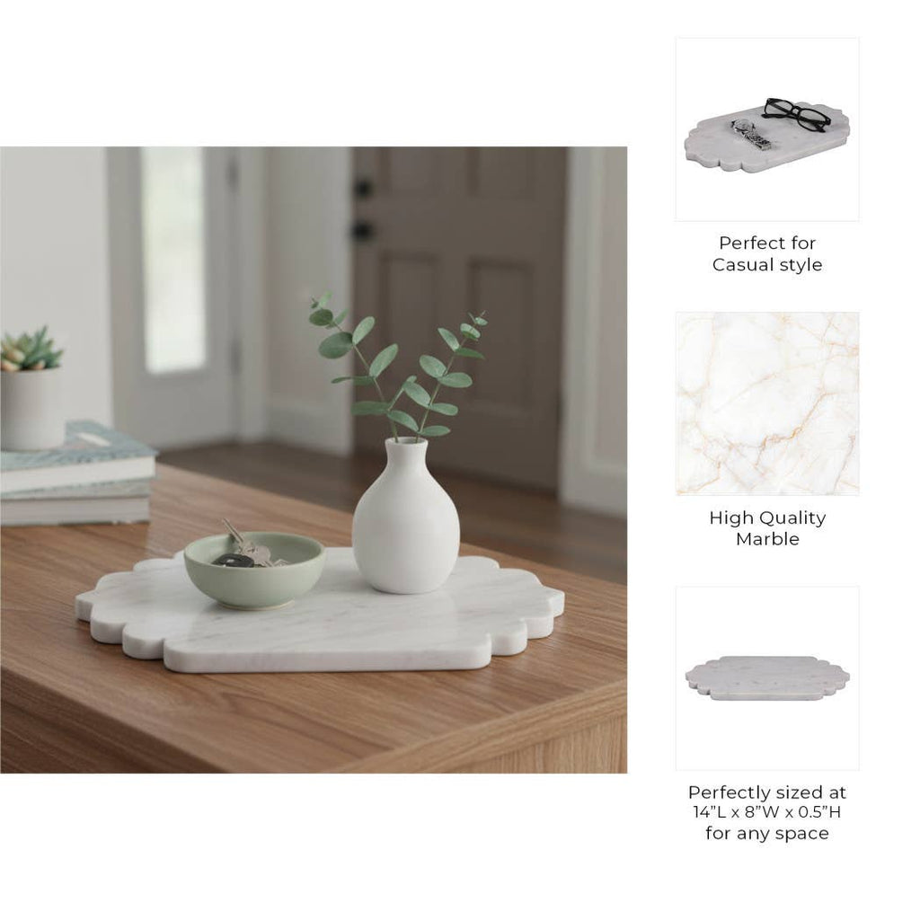 Decorative Tray - White Marble Oval Scallop Edge, 14 in.