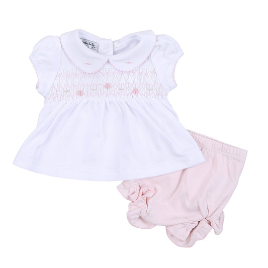 Alice and Andrew Pink Smocked Collared Ruffle S/S Diaper Cover Set