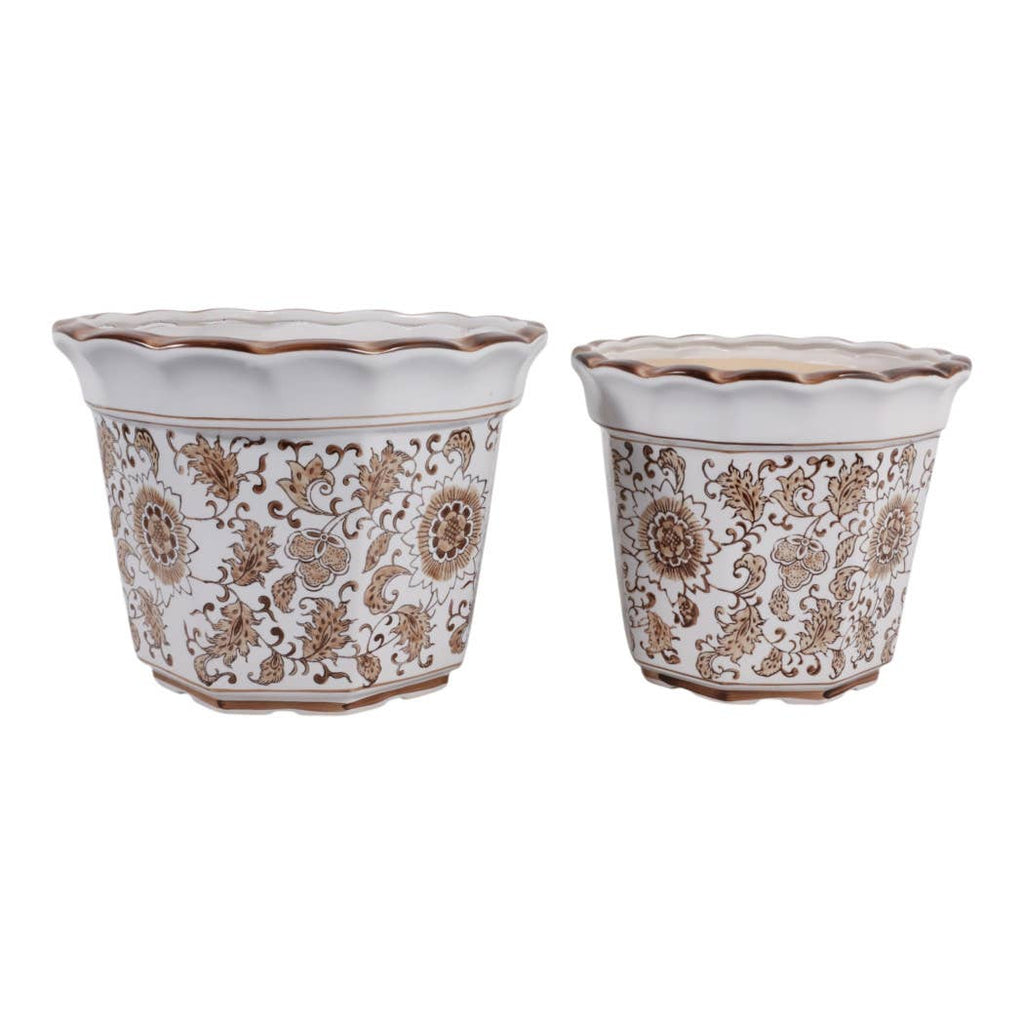 Plant Pot Set of 2 - Brown Ceramic Round Chinoiserie, 10/12 in