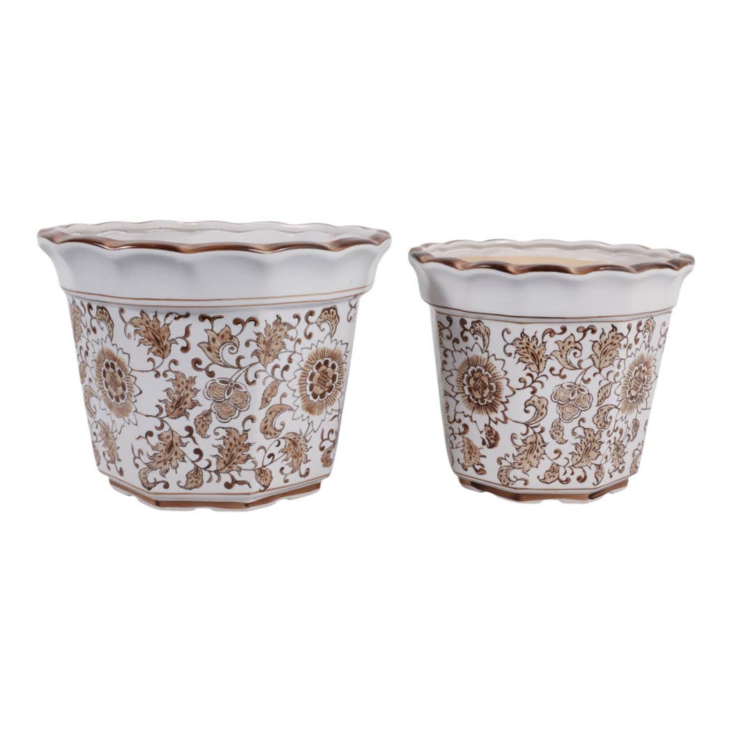 Plant Pot Set of 2 - Brown Ceramic Round Chinoiserie, 10/12 in