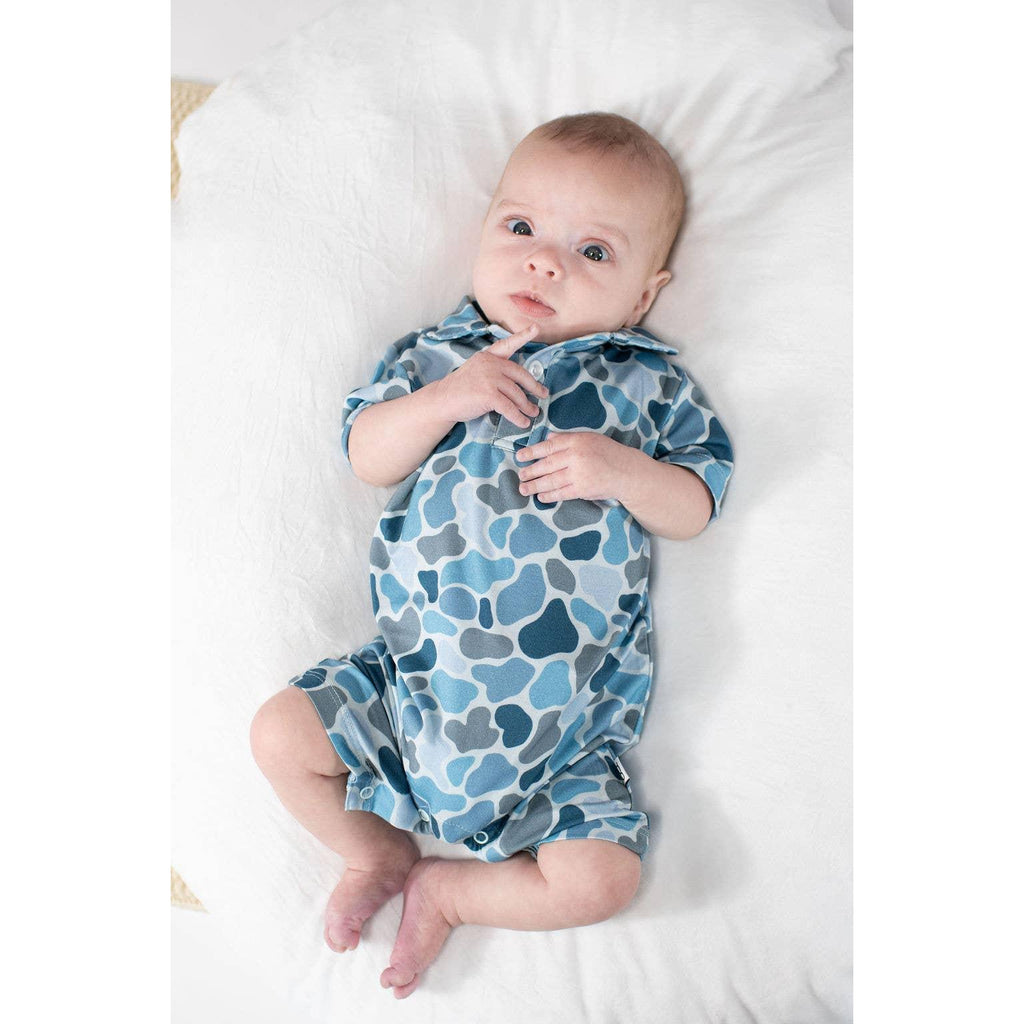 Short Sleeve Polo Romper, Watercolor Camo
