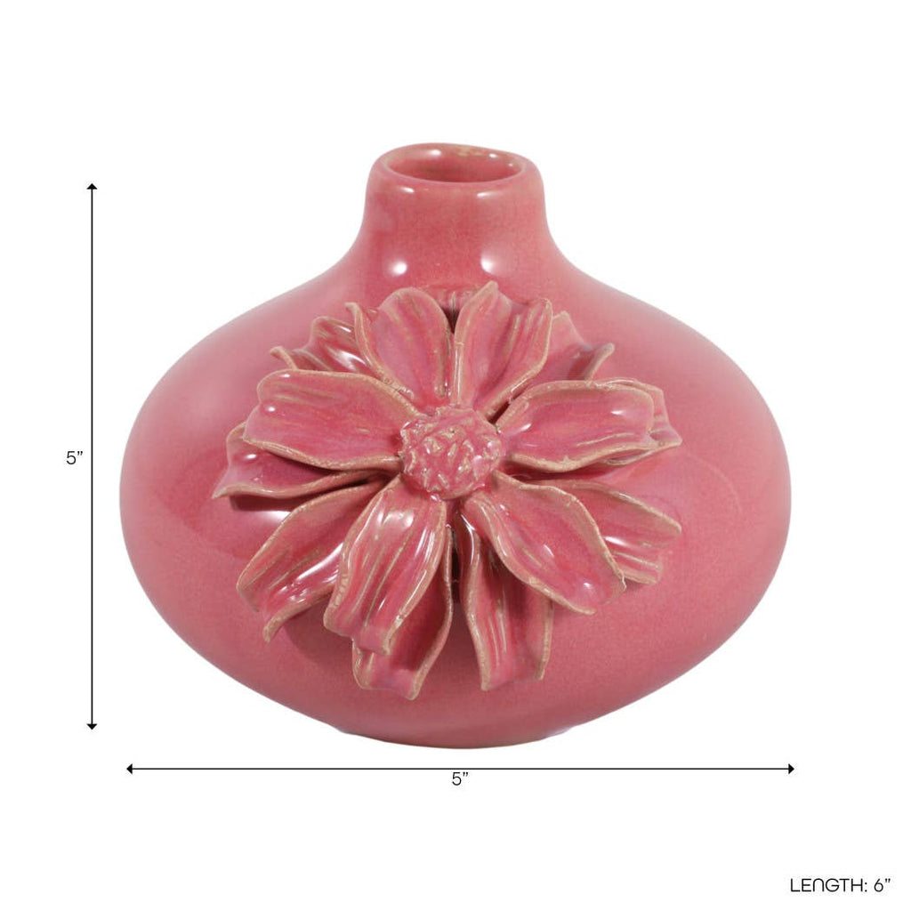 Decorative Vase - Pink Ceramic with Embossed Floral, 6 in.
