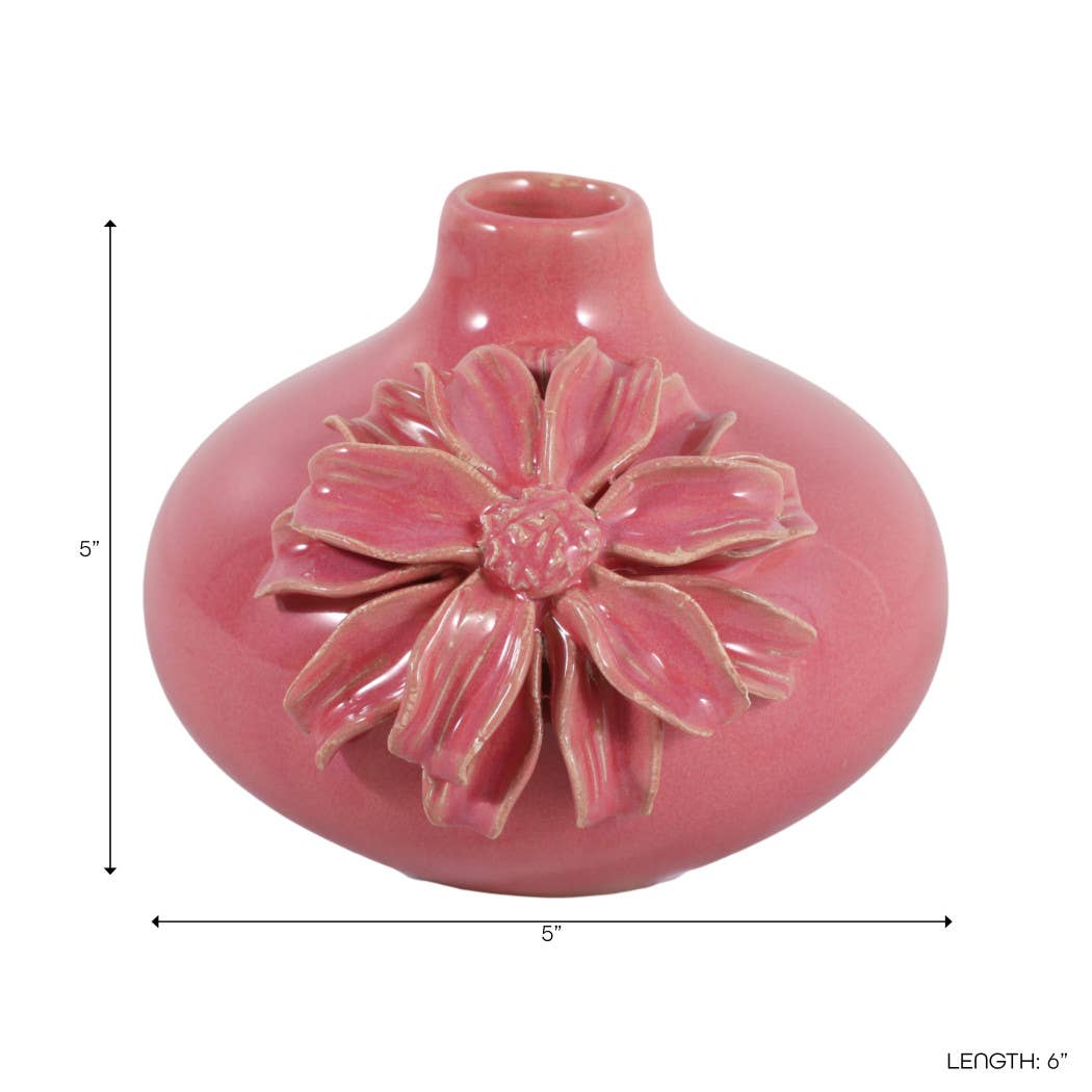 Decorative Vase - Pink Ceramic with Embossed Floral, 6 in.