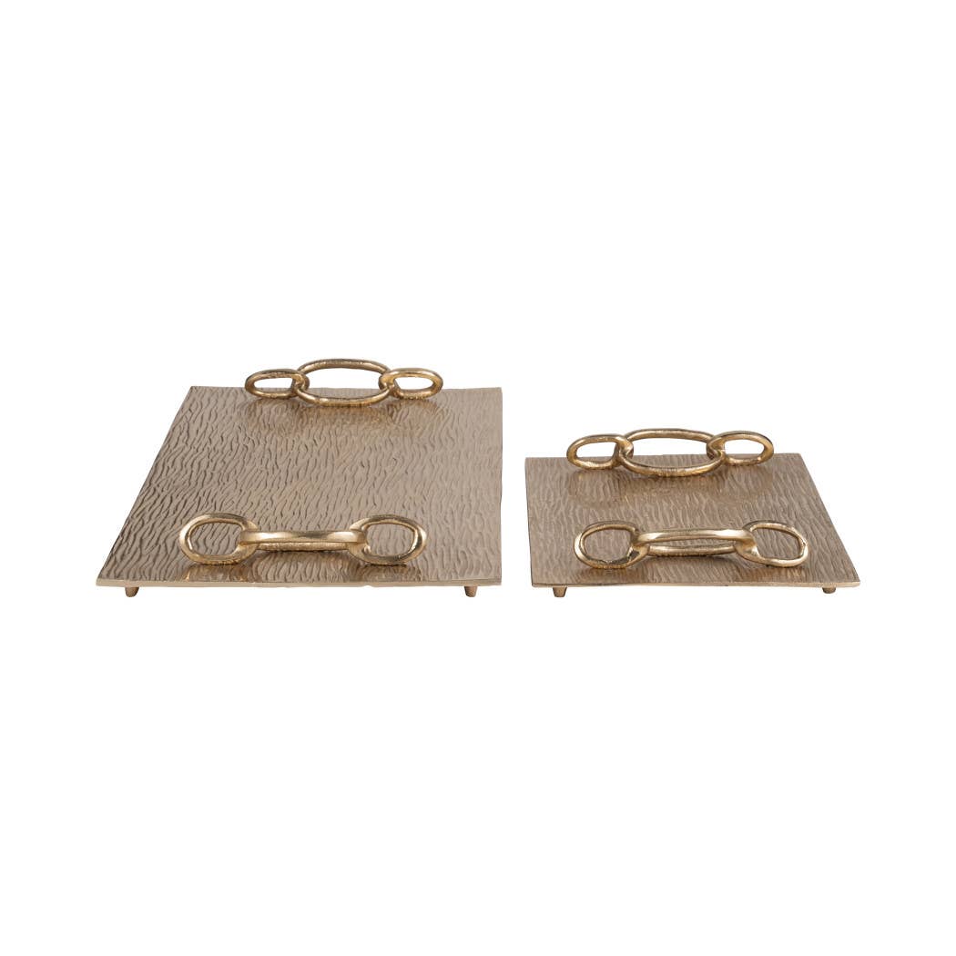 Decorative Gold Metal Link Handled Trays, Two Sizes