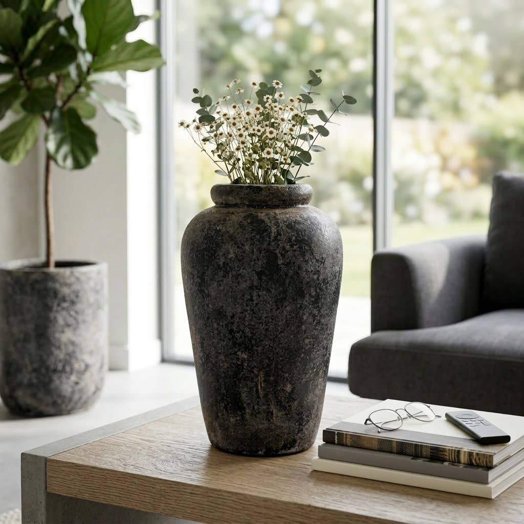 Decorative Vase - Black Terracotta Brushed Textured, 16 in.