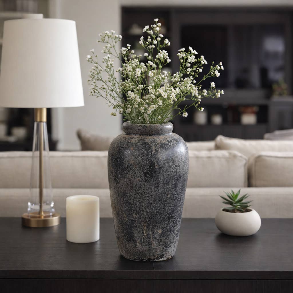 Decorative Vase - Black Terracotta Brushed Textured, 16 in.