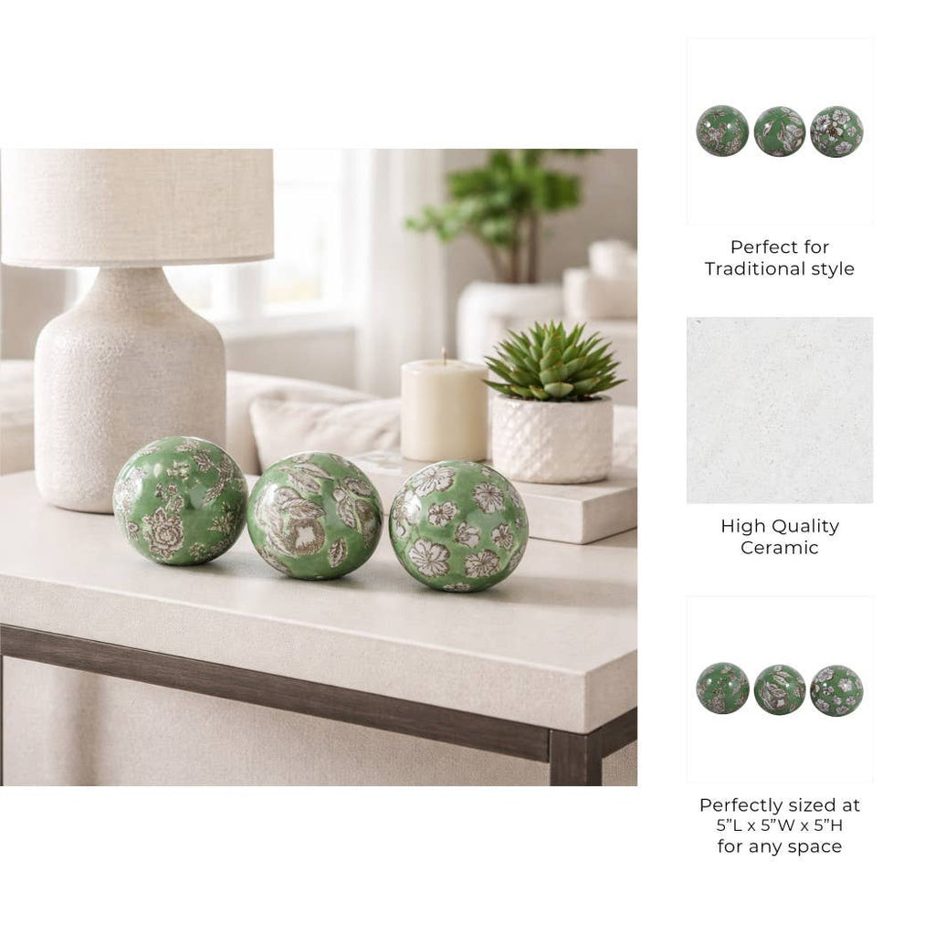 Objects Set of 3 - Green/White Ceramic Chinoiserie Orb, 5 in.