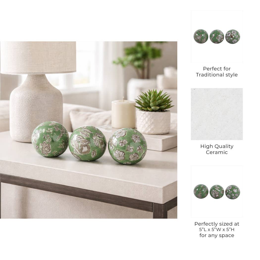 Objects Set of 3 - Green/White Ceramic Chinoiserie Orb, 5 in.