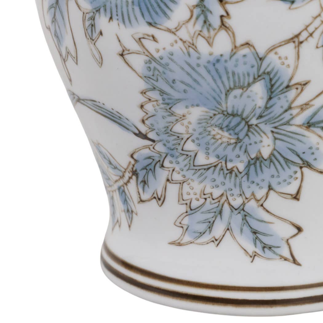 Decorative Jar - Blue/Brown Ceramic Floral Chinoiserie, 11 in.