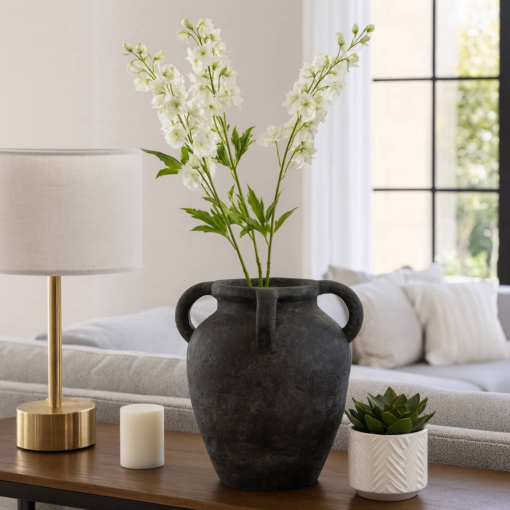Decorative Vase - Black Pottery Amphora Multi-Handle Jug, 12 in.