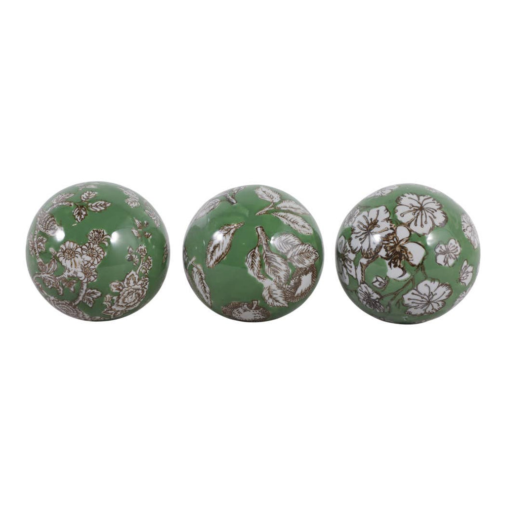 Objects Set of 3 - Green/White Ceramic Chinoiserie Orb, 5 in.