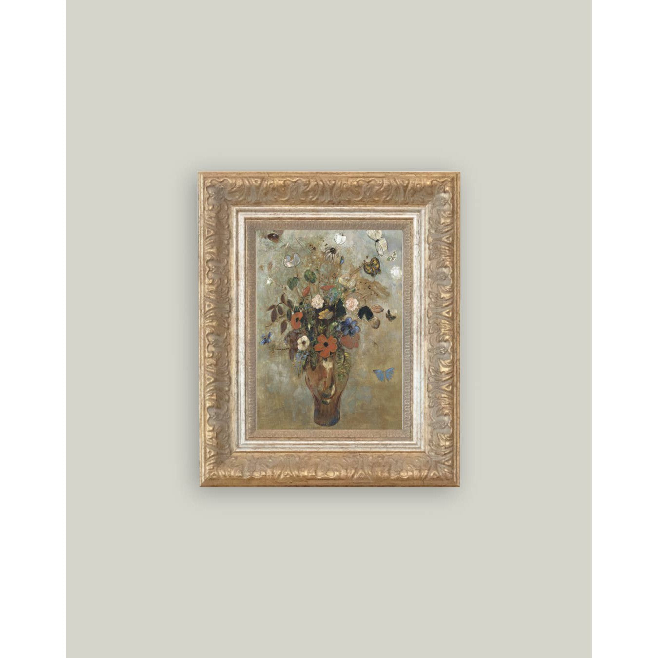 Flower Butterfly Vase Framed Antique Art