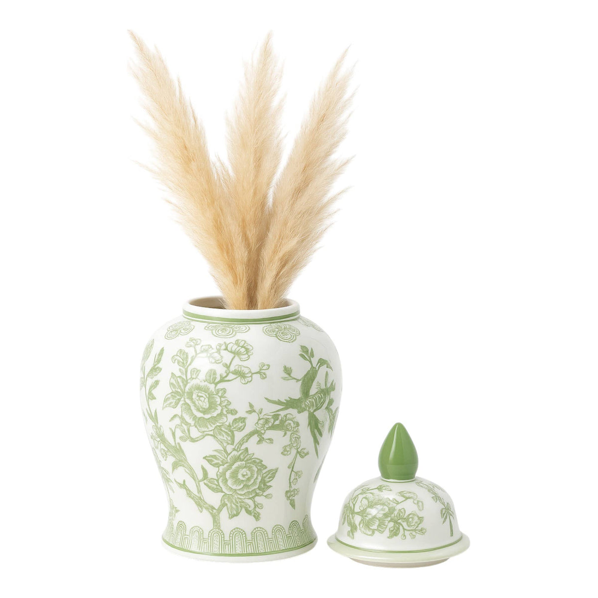 Green and White Round Floral Chinoiserie Jar, 14 in.