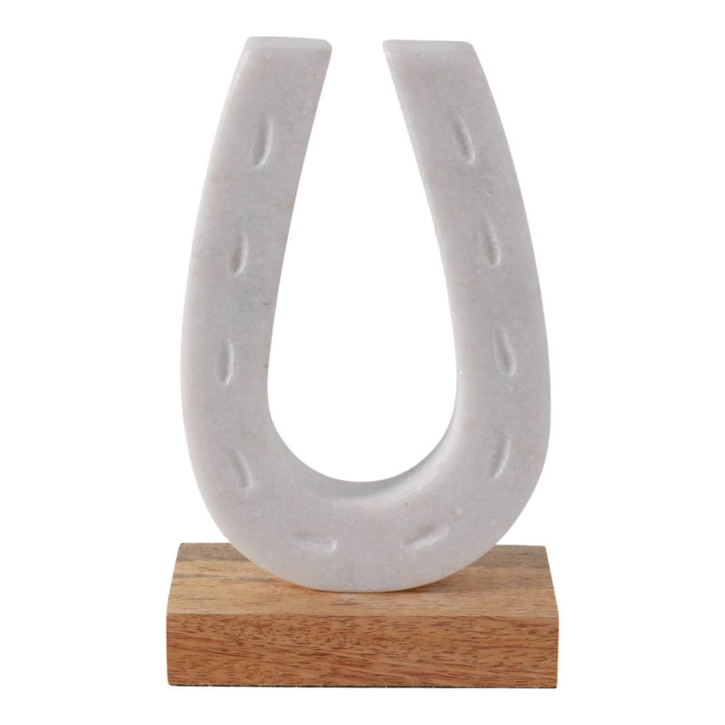 White and Brown Marble Horseshoe Figurine on Wood Base, 8 in.
