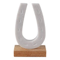 White and Brown Marble Horseshoe Figurine on Wood Base, 8 in.