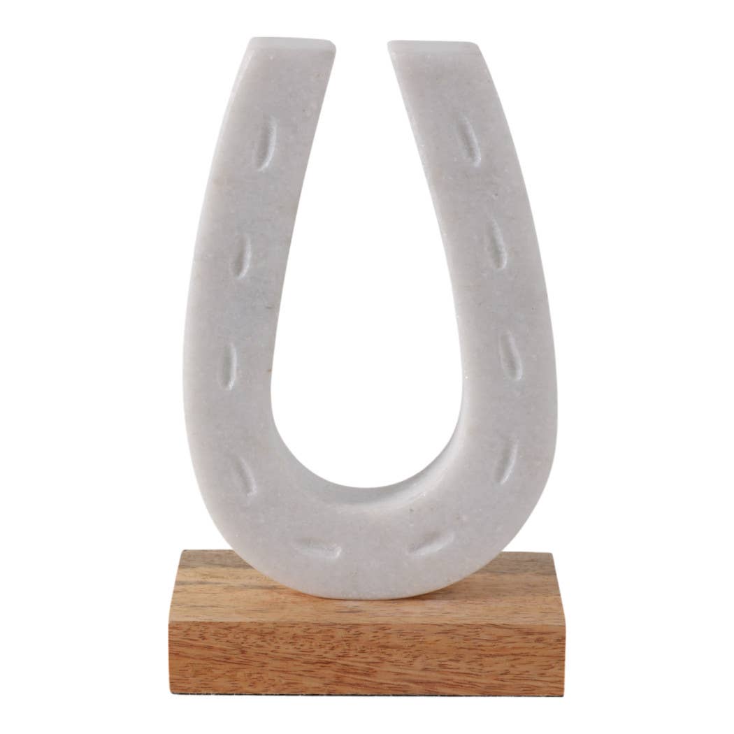 White and Brown Marble Horseshoe Figurine on Wood Base, 8 in.