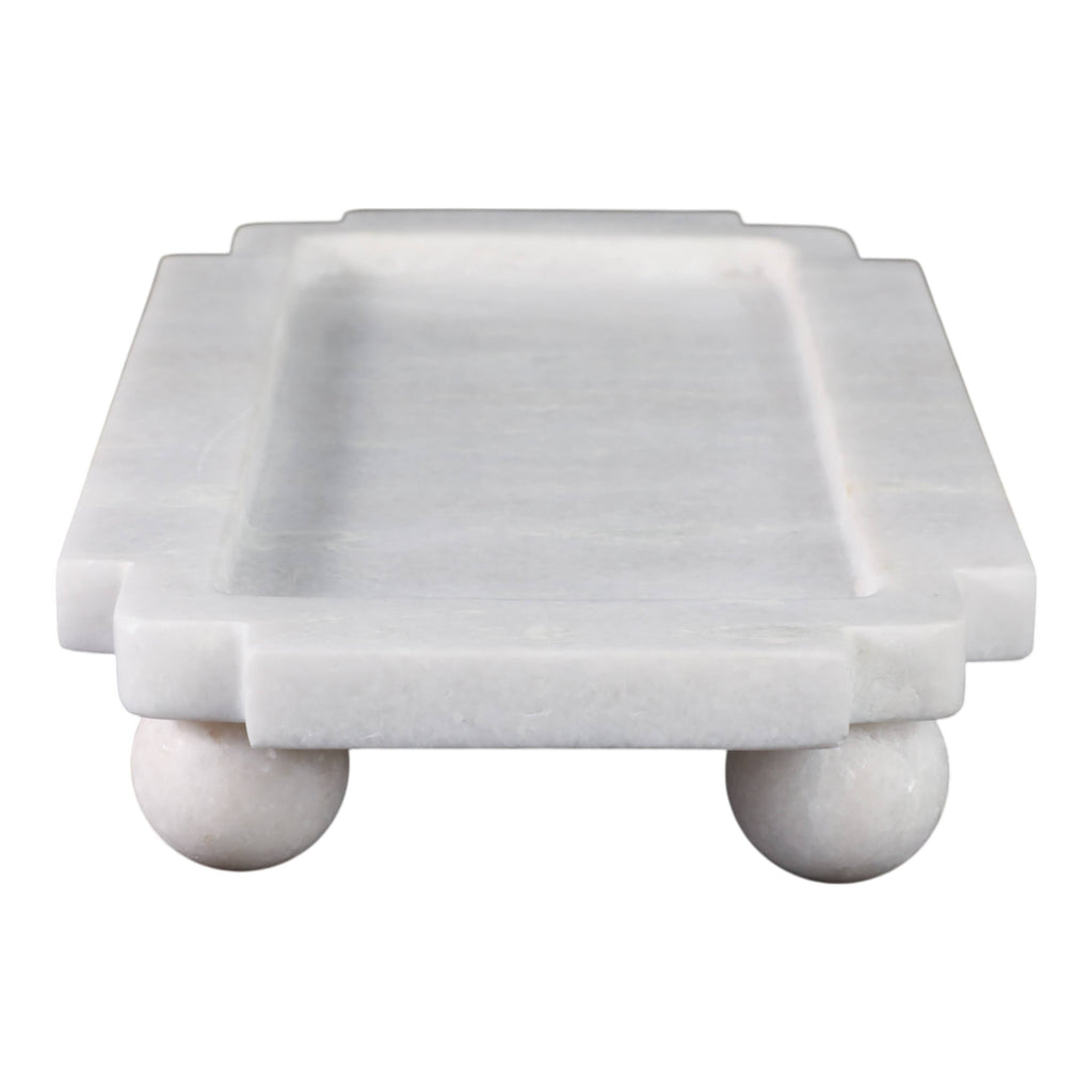 Decorative Tray - White Marble with Rounded Ball Feet, 13 in.