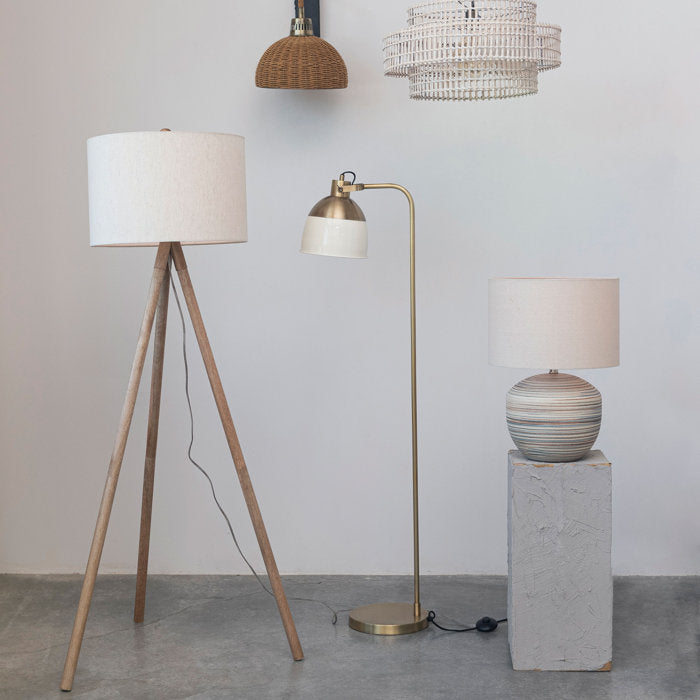 Metal Floor Lamp w/ Cream Color Enameled Shade, Antique Brass Finish