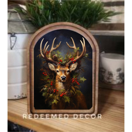 Arch Top Reindeer Wreath Framed Art