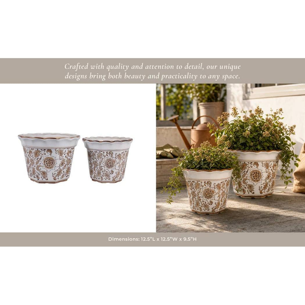 Plant Pot Set of 2 - Brown Ceramic Round Chinoiserie, 10/12 in