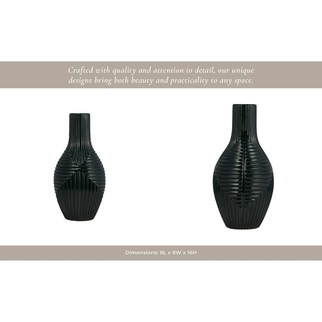 Forest Green Tribal Ribbed Ceramic Vase, 16 in.