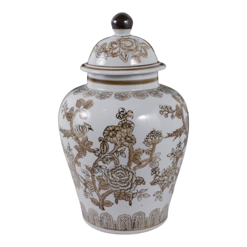 Temple Jar - Brown/White Ceramic Chinoiserie Bird, 12 in.