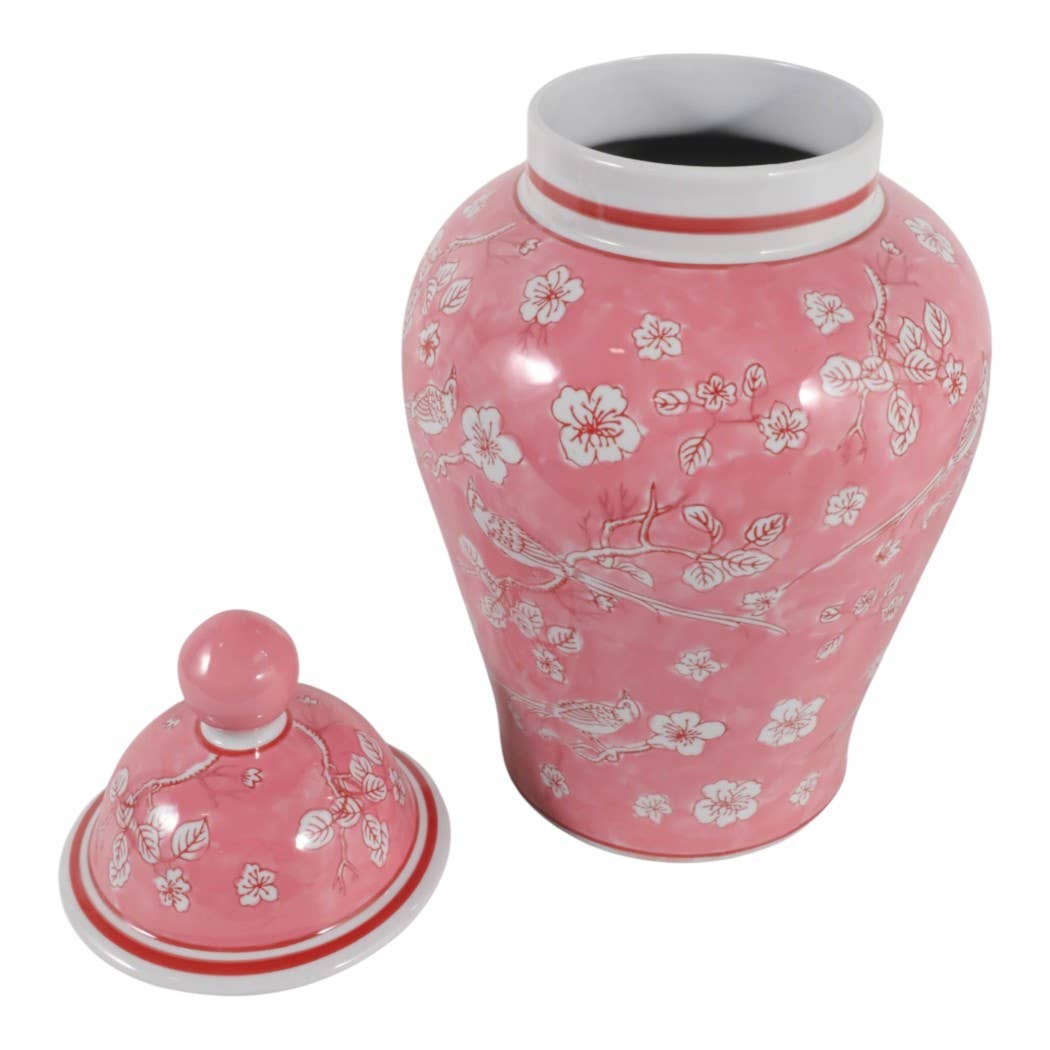 Decorative Jar - Pink/White Ceramic Floral Chinoiserie, 18 in.
