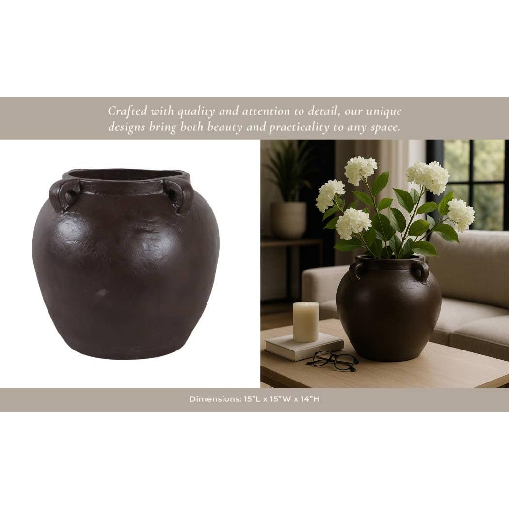 Decorative Vase - Brown Pottery Textured 4-Handle, 14 in.