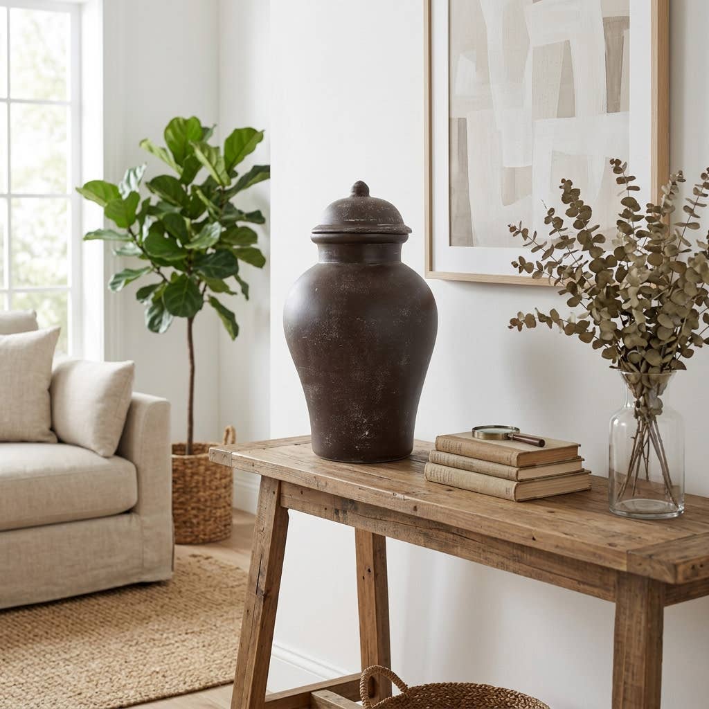 Decorative Jar - Brown Terracotta Container with Lid, 19 in.