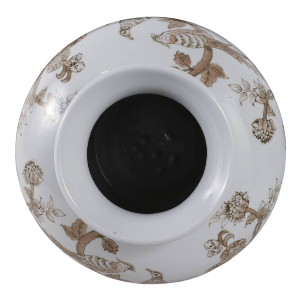 Decorative Vase - Brown/White Ceramic Bird and Vines, 10 in.