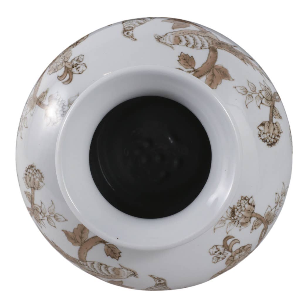 Decorative Vase - Brown/White Ceramic Bird and Vines, 10 in.