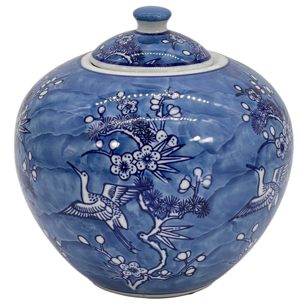 Blue & White Crane Porcelain Chinoiserie Ginger Jar 8"