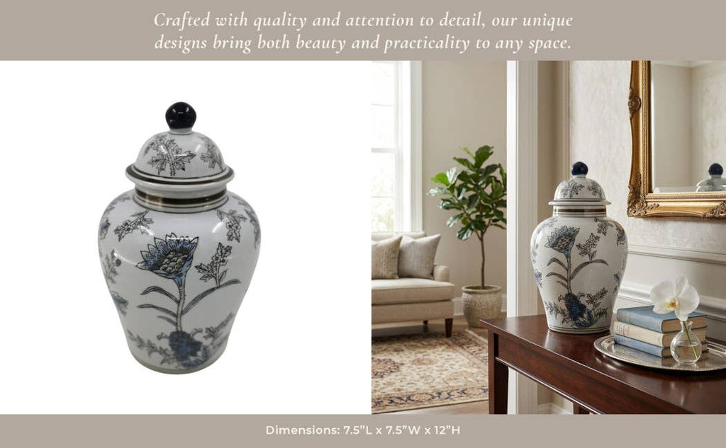 Decorative Jar - Blue/Brown Ceramic Floral Chinoiserie, 12 in.