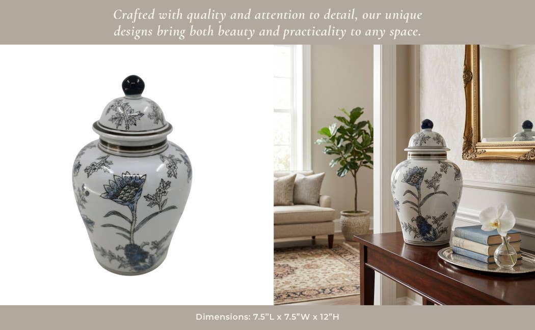 Decorative Jar - Blue/Brown Ceramic Floral Chinoiserie, 12 in.