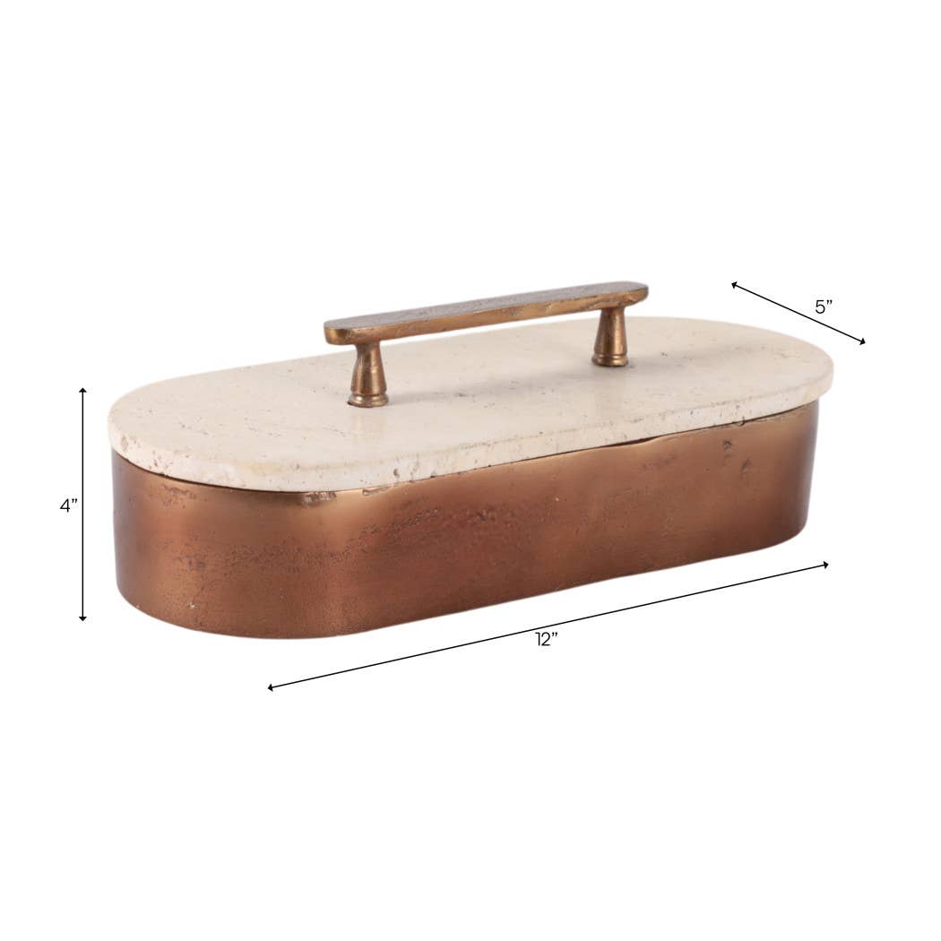 Decorative Box - Tan/Bronze Travertine Oval with Lid, 12 in.